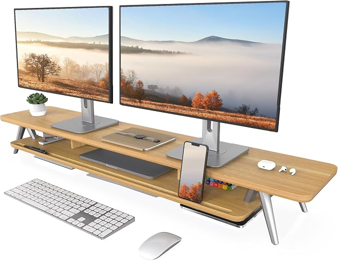 Fenge Dual Monitor Stand Riser, Wooden Desk Shelf with 2-Tier Storage | 47.2-Inch Extra Wide, Sturdy Aluminum Legs, Built-In Phone & Tablet Slot, Desktop Organizer for Office Accessories