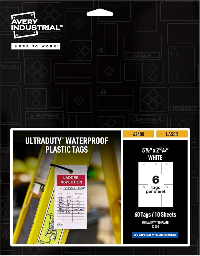 Avery UltraDuty Printable Plastic Hang Tags, 5.5" x 2.83", White Blank Tags, 50lb Pull-Strength, 60ct (62400)