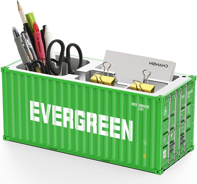 Desk Organizer, Pen Pencil Holder, Business Name Cards Holder, Shipping Container Model Storage Box, Secret Storage Box with Multiple Compartments Office Supplies Multi-function (EVERGREEN)