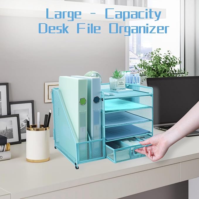Desk Organiser with 2 Pack Magazine File Holder, 5-Tier Paper Tray Organiser with Drawer and 2 Pen Holder, Letter Tray Multifunctional for Office, School, Home - Blue
