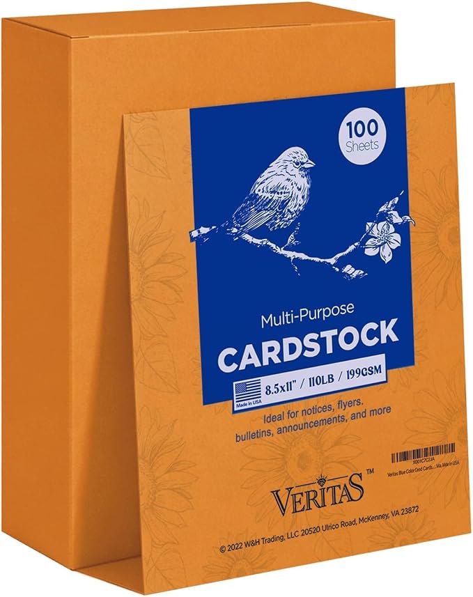 Veritas Orange Colored Cardstock, 8.5" x 11" Colored Card Stock, 110LB/199GSM Printer Paper, 100 Sheets, Colored Multi-Purpose Paper, for Inkjet & Laser Printing, Invitations,Art Projects & Crafts