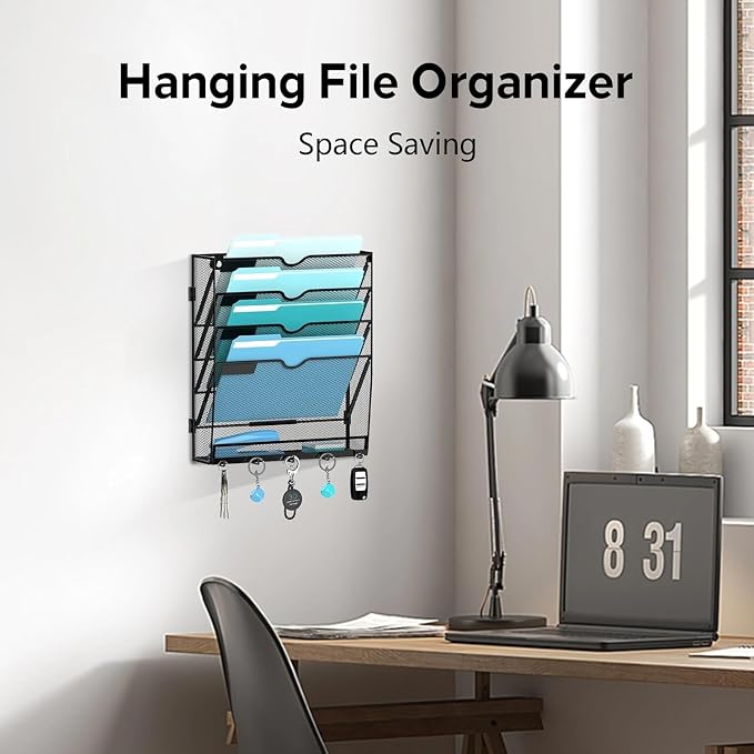 MHUD 5-Tier Wall File Organizer and Mail Organizer with 5 Hooks, 2 Pack | Label slots, curved openings, 5 key hooks, and a bottom tray support organized mail, file, and everyday item storage.