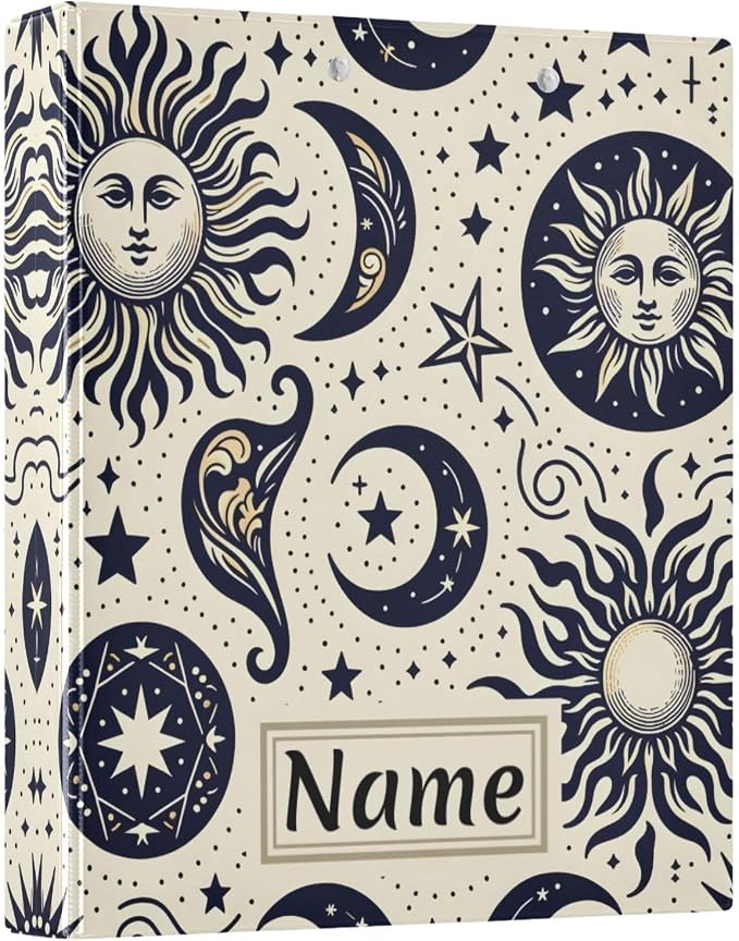 Custom 3 Ring Binder Sun Moon Crescent Boho Stars 1.5" Round Ring Binders Personalized Name View Binder with 200 Sheet for Women Men Office Kids School Supplies, 1 Pack