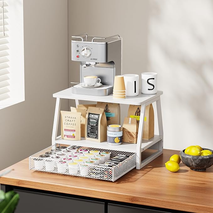 2-Tier Printer Stand with Storage, Desktop Organizer with Drawers for Printer Paper, Desk Shelf for Office and Home Printers‌ Tables, White