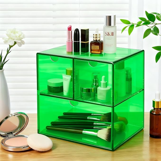 Gelite Desk Organizer with 3 Storage Drawers for Makeup Office Acrylic Desktop Drawer Organizer for Vanity Office Organization and Storage Box, Emerald Green
