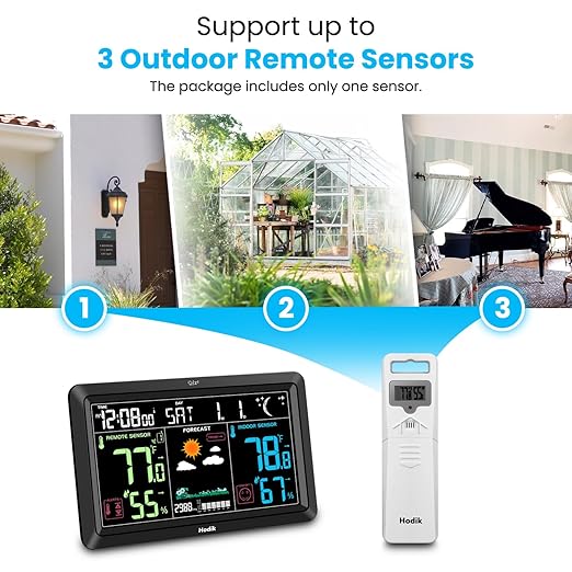 Weather Station Atomic Clock Indoor Outdoor Thermometer Wireless, Barometer Humidity Temperature Monitor Hygrometer with High Precision Sensor Black