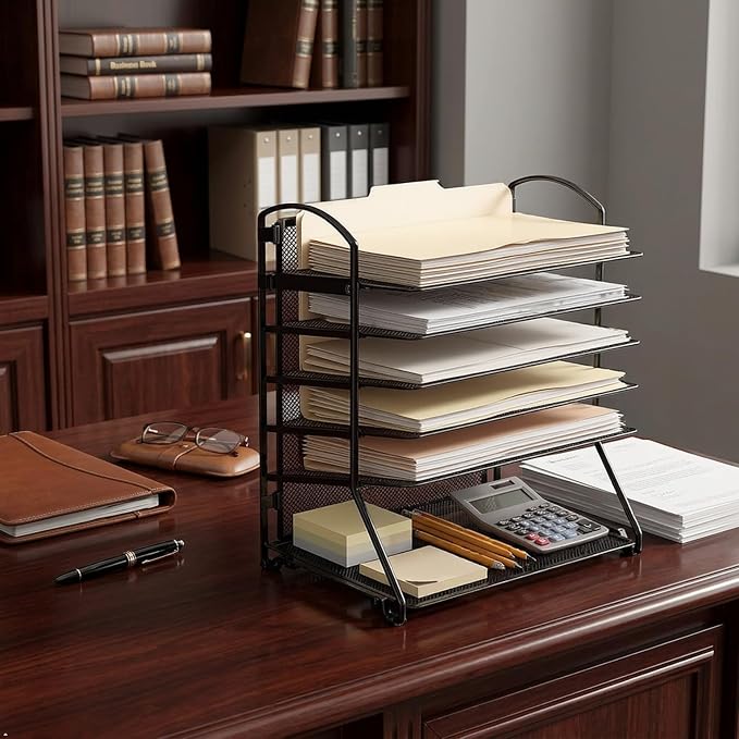 Simple Houseware 6-Tier Desk Organizer & Sliding Paper Tray, Black | Space-Saving Desktop Letter Tray for Document, Files and Mail Sorting