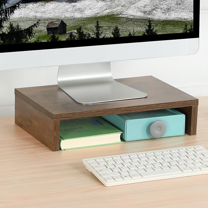 TEAMIX Wood Monitor Stand Riser for Desk - 14.2 inch, Small Laptop Stand | Rustic Brown, Holds 80 lbs, Wooden Computer Stand with Storage, Ergonomic Design, Easy Assembly, For Home Office, Gaming