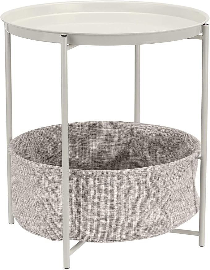 Amazon Basics Round Storage End Table, Nightstand with Cloth Basket, Bedside Table, White/Heather Gray, 17.7" L x 17.7" W x 18.9" H