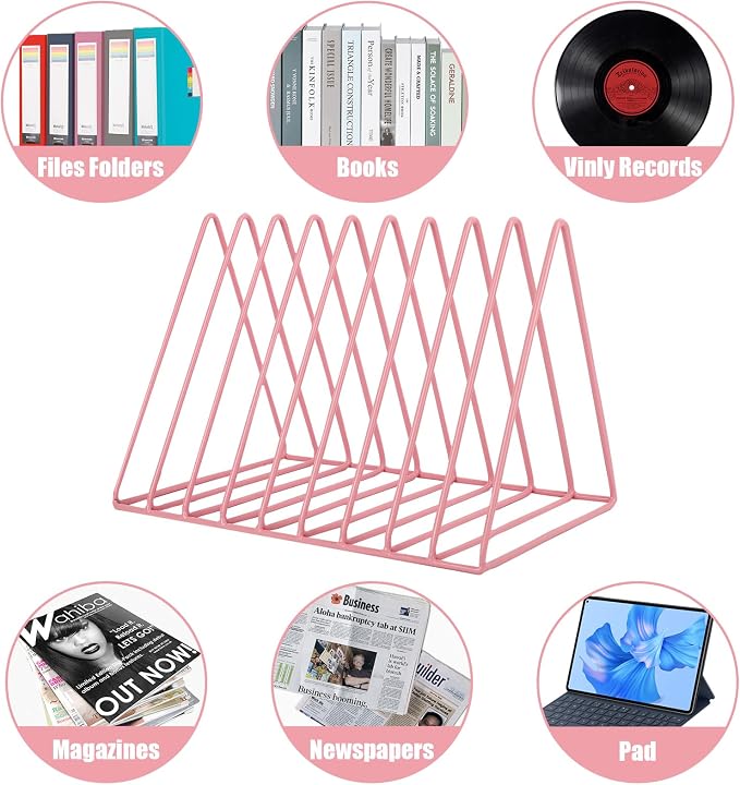 Vinyl Record Holder Storage, 9 Slot Metal Magazine Book Album Display Rack, Stylish Triangle Desktop File Sorter Organizer for Home Office, Pink