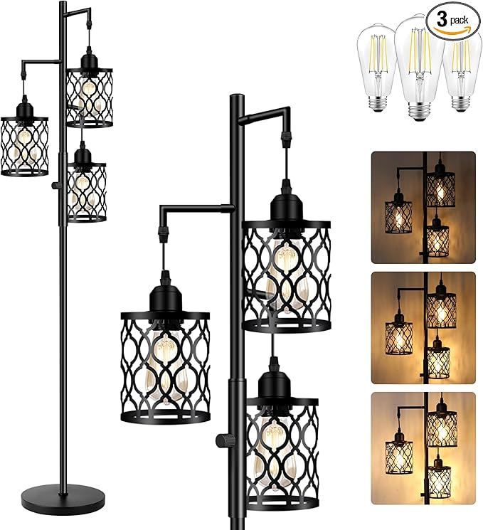 ROTTOGOON Dimmable Farmhouse Floor Lamp, Industrial Floor Lamp for Living Room with 3 X 6W LED Bulbs, 3 Light Rustic Standing Tall Lamp for Bedroom, Office, 68"