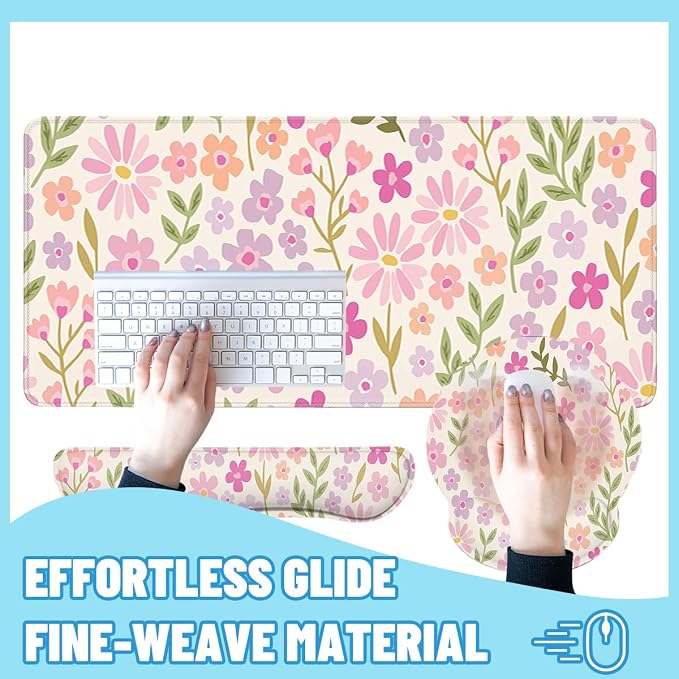 Flowers Mouse Pad Set Pastel Pink Purple Spring Gaming Mousepad 4in1 Desk Mat for Desktop Anti-Slip XXL Big Computer Ergonomic Mousepad with Wrist Support for Keyboard and Mouse