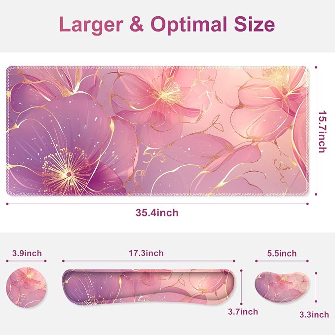 Desk Mat Pad, Gaming Mouse Pad Wrist Support Set, 4 in1 Non-Slip Large Mousepad + Ergonomic Keyboard Wrist Rest+Mouse Wrist Rest+Coaster for Home Office Computer I Pink Purple Gold Floral