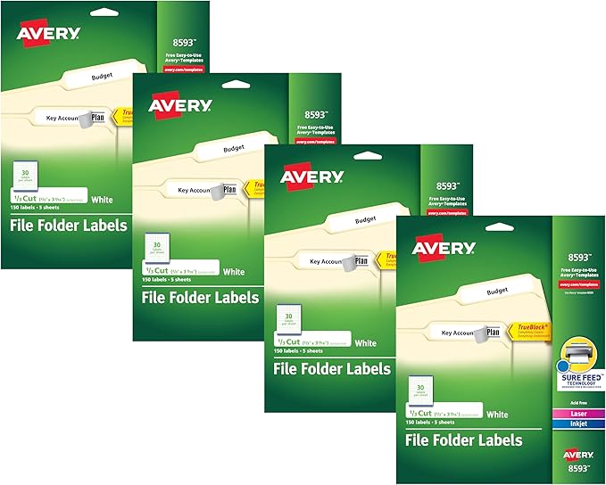 Avery File Folder Labels with TrueBlock Technology, Permanent Adhesive, 2/3" x 3-7/16", Laser/Inkjet, 150 Labels (08593) (Pack of 4)