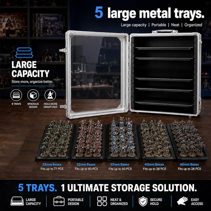 Miniature Carrying Case for Wargame Figures, Mini Display Case, Large | Aluminum Alloy, 5 Metal Trays, Combination Lock, Shoulder Strap, Storage Case for Collectibles, Tabletop Figure