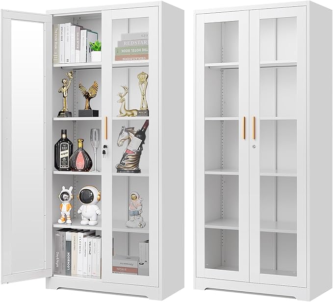 Polup 71" White Metal Glass Display Cabinet with Security Lock | 5-Tier Curio Case & Tempered Doors, 4 Adjustable Shelves, Heavy-Duty China Storage for Living Room, School & Commercial