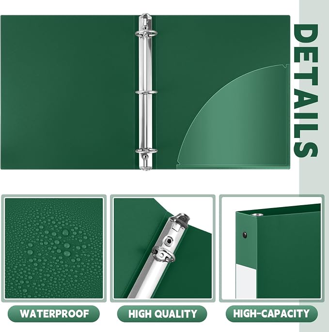 Henoyso 12 Pack 1 Inch 3 Ring Plastic Binders, Bulk Flexible PP Binders for Classroom & School Supplies, Letter Size 8.5 x 11, Holds 240 Sheets with Interior Pocket (Dark Green)