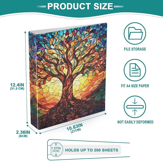 3 Ring Binder Tree of Life with Leaves 1.5 inch Binders Three Ring Binders with Clipboard Fit 8.5'' x 11'' Paper 3 Interior PVC Clear Pockets for Office Supplies
