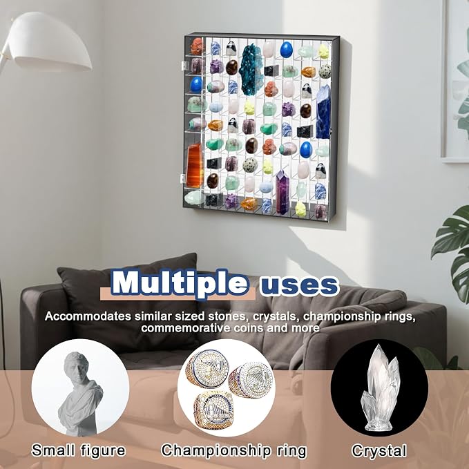 Cinnvoice Rock Display Case 72 Grids,Black Border,Square | Adjustable Acrylic Display Case, Crystal Organizer for Collectible, with Built-in Mirrored, Magnetic Door, Wall Mount