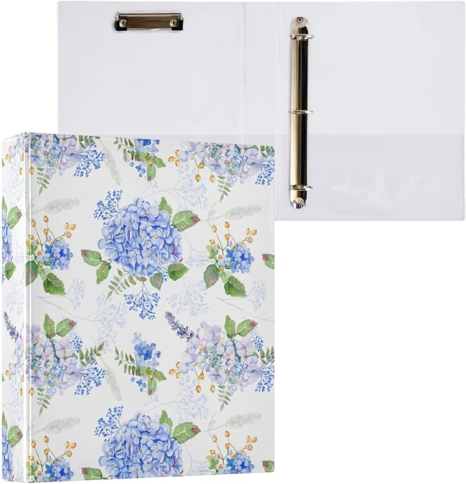 Blue Purple Hydrangea Binder 1.5 Inch Binder with Clipboard&Pockets, Lilac White Floral Hardcover Binders 3 Ring, Heavy Duty Large File Folder for Office School Supplies - Holds 200 Sheets