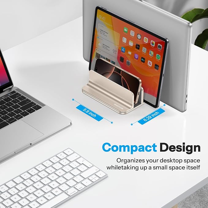 OMOTON 3-Slot Multiple Vertical Laptop Stand, Fits MacBook, Starlight | Adjustable Width 0-1.38", Aluminum Office Space-Saving for Desk, Fits MacBook/Book/iPad Up to 17.3in