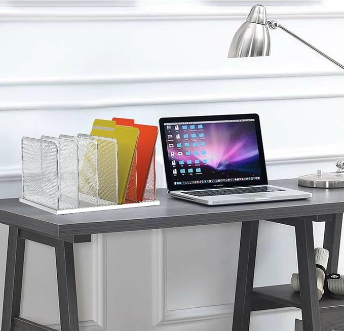 Kuntine.B Desk File Organizer Upright Mesh Desktop Organizer File Sorter Office Organization File Holder for Home, Office & Classroom (Silver, 1 Pack 5-Section) | Vertical, Mesh, Metal, Assembly, Stability, Sturdiness, Organization, Standing