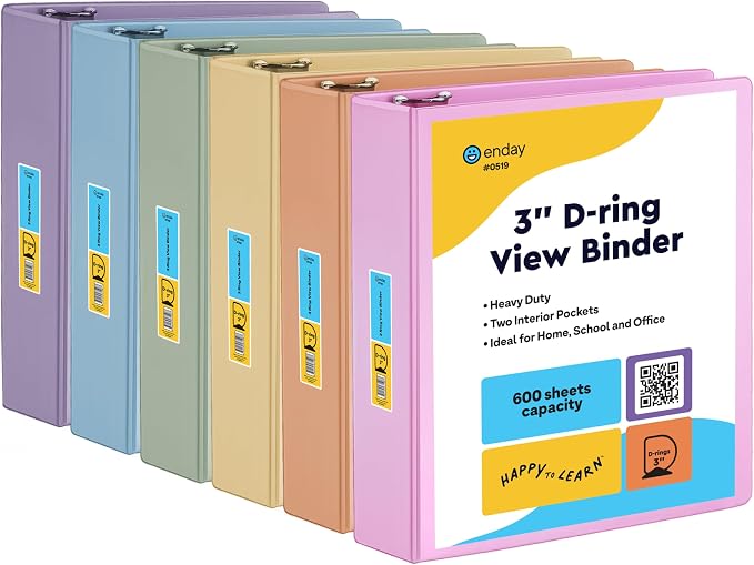 Enday 3 inch 3 Ring Binder (6 Pack - Assorted Colors) Binder 3 inch with Clear View Cover and 2 Inside Pocket - for Letter Size 8.5 x 11'' Paper, Ideal for School Supplies, Office, and Home