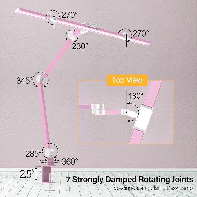 Architect Desk Lamp for Home Office, Pink Desk Lamp with Clamp for Working, 24W Bright Rotatable Led Table Light Stepless Dimming Tempering Wide Computer Light for Crafting Puzzle Hobby
