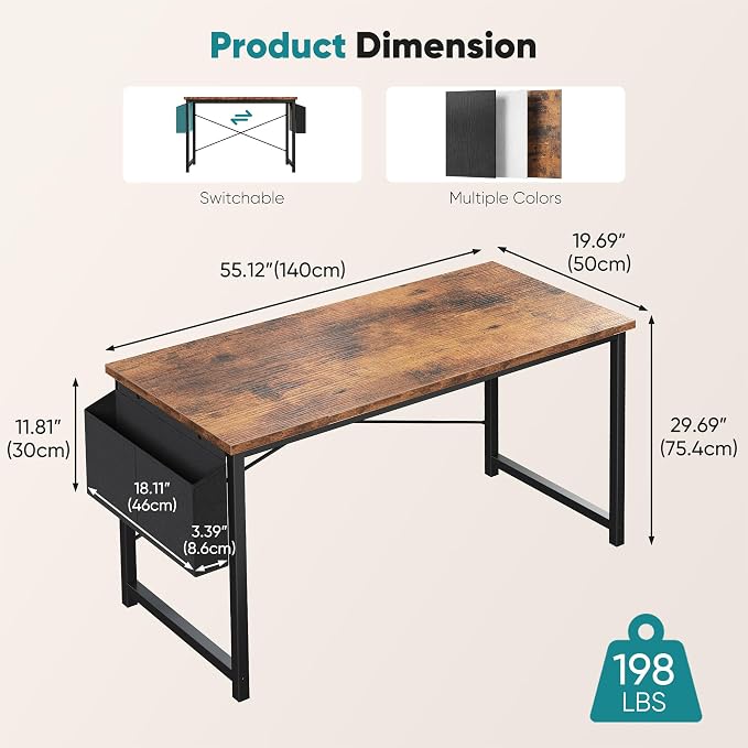 OLIXIS Computer Desk, 55 Inch Gaming Desks for Home Office Small Spaces | Writing Study Craft Work Table, Computer Workstation for Bedroom with Storage Bag, Rustic Brown
