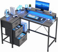 Garvee L-Shaped Computer Desk with Power Outlets & LED Lights - 43-Inch Reversible Corner Gaming Desk with 3 Drawers, Storage Shelves & Removable Monitor Stand, Modern Home Office Desk