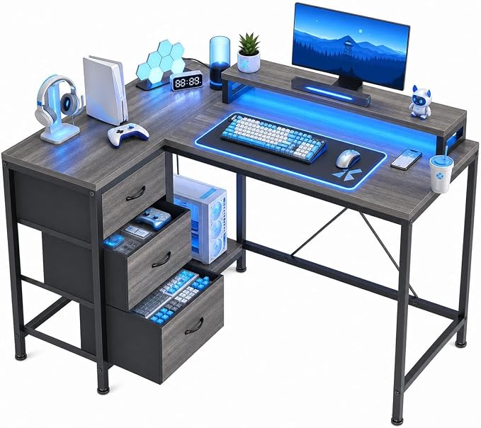 Garvee L-Shaped Computer Desk with Power Outlets & LED Lights - 43-Inch Reversible Corner Gaming Desk with 3 Drawers, Storage Shelves & Removable Monitor Stand, Modern Home Office Desk