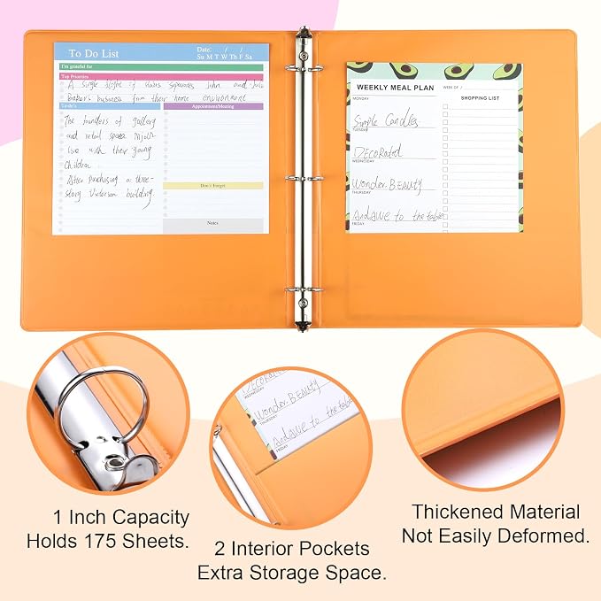 3 Ring Binder - 6 Pack, 1 Inch Binder with 2 Interior Pockets & Clear View Overlay, Large Capacity, Round Ring Binders for Office Supplies, School & Home (6 Colors) | 175 Sheets Paper Capacity, Pastel Binders with 2 Interior Pockets for Office Supplies...