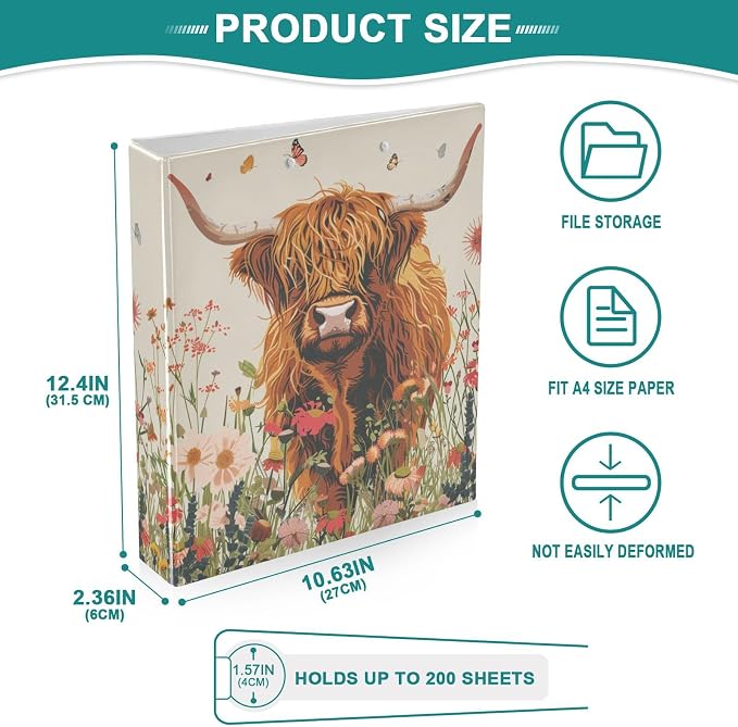 JIPONI 3 Ring Binder Cute Highland Cow 1 Inch Round Binders for Men Women Students, Cute File Organizer for Office School