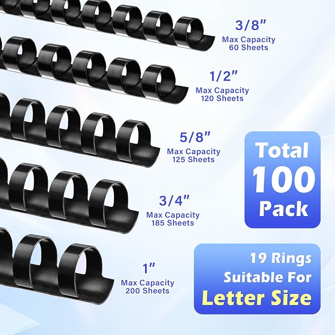 TOTiyea 100Pack 19 Ring Binding Combs, Multi Sizes(3/8",1/2",5/8",3/4",1") | Letter Size,Black,8.5"x11",Bulk pack,For educators custom Teaching References,classroom organization,school and work supplies