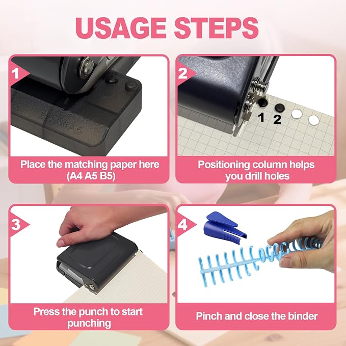 10 Hole Punch Binding Machine for Planner, Manual Binding System with 10 Multi-Color Binder Rings for Making 26 Holes on B5, 30 Holes on A4, 20 Holes on A5 Book, 10 Sheet Capacity - Black