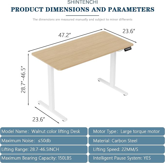 Shintenchi Standing Desk, Height Adjustable Electric Sit Stand up Desk, Ergonomic Rising Computer Table, 48x24 Inch Modern Lift Gaming Desk Workstation for Home Office, White & Walnut