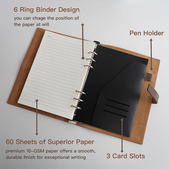 Refillable A5 Leather Binder Notebook, Reusable Leather Journal, Vintage Organizer with 6-Ring Metal Binder, 120 Pages Lined Paper & Pocket, for Writers Business Work Study College and Daily
