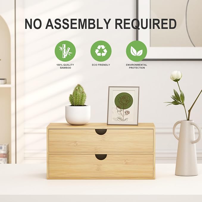 Bamboo Desk Organizer with Drawers, Desktop Storage Box for Office Supplies | 2 Drawers Desktop organizer, No Assembly Required, Natural Wood Wooden Desktop Drawers for Bills, Cosmetics, Seals, Paper