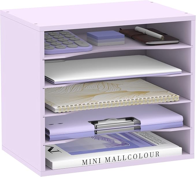 5 Tier Wood Desk Organizer, Paper Organizer for Desk, Purple | Wooden Desktop Organizer for Sorting Papers, Letters and Mails, Literature Organizer for Home Office, Classroom Organization