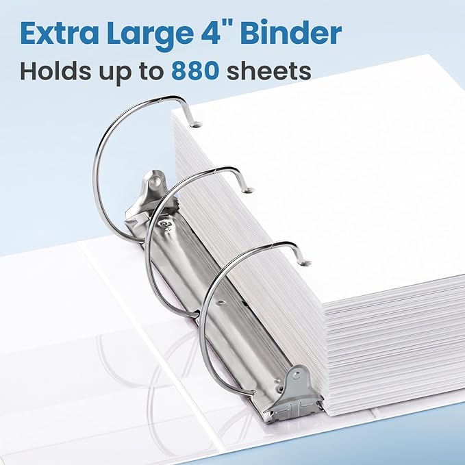 SUNEE 4 Inch Binder 3 Ring, 4" Extra Large D Ring Clear View PVC-Free (Fit 8.5x11 Inches) for Office or School Supplies, White, 2 Pack