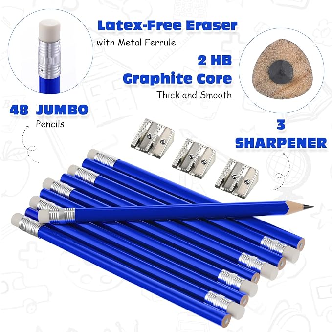 Fainne 48 Pcs Large Pencils 3 Sharpeners,Blue+silver,Triangle