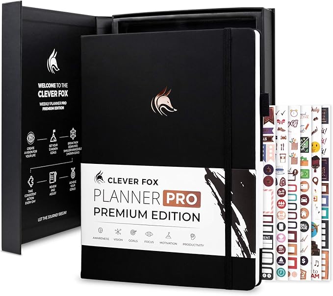 Clever Fox Planner Pro Premium – Luxurious Weekly & Monthly Planner with Budget Organizer for Productivity & Goals, Undated, A4 (Black)