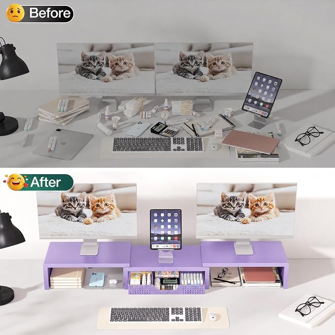 Dual Computer Monitor Stand Riser, Desk Organizer with Drawer, Office Desk Accessories & Workspace Organizers for Home Office Supplies, Purple