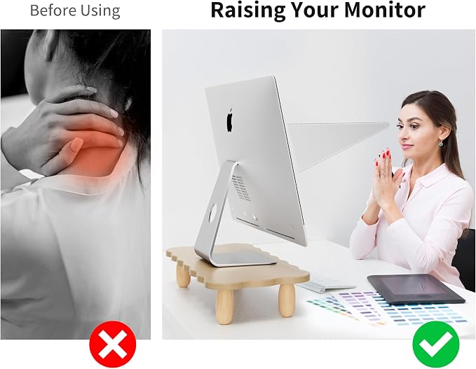 AFOOYO Monitor Stand Riser,Cookie-Shaped Sturdy Wood Computer Monitor Stand, Monitor Stand Riser, Multi-Purpose Desktop Organizer Riser for Computer,Laptop,Printer,TV,khaki