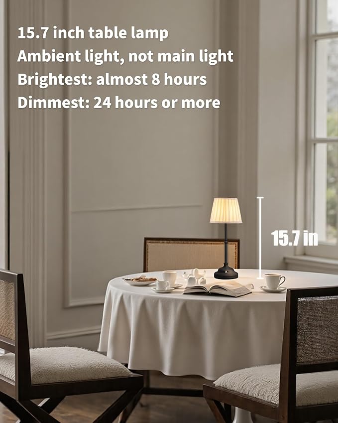 KDG Black Cordless Portable LED Table Lamp, White Fabric Shade Desk Lamp | 4000mAh Rechargeable Battery Powered Lighting, Dimmable Light for Dining Room, Bedroom, Bedside, Night Light, Balcony