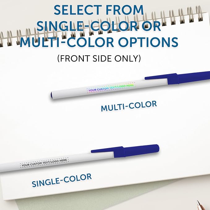 DISCOUNT PROMOS Custom Value Stick Pens Set of 10, Personalized Bulk Pack - Black Ink, Great for Office, School, Business, Tradeshows, Events - Blue