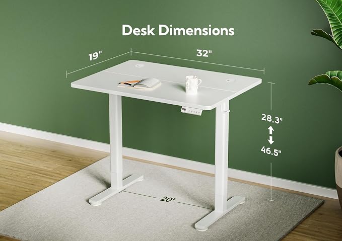 Claiks Electric Height Adjustable Standing Desk, 32x19 Inch, White | Smooth Height Adjustment, 3 Memory Presets, Cable management hub & hook, Stable Steel Frame, 156 lbs Capacity, Easy Assembly