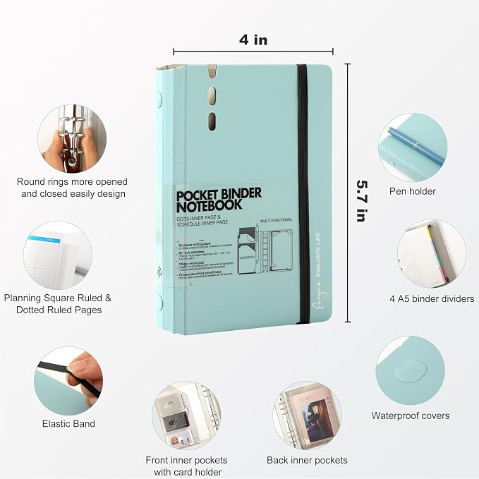 CAGIE A7 Binder 6 Ring Refillable Notebook with Dividers & Pockets | Hourly Planning Square Ruled and Dotted Pages, Refill Paper Included, 4.13 x 5.71 In (Blue, A7 Hourly & Dot Page)