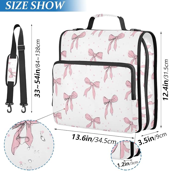 Aslsiy Zipper Binder Bag for Girls Boys Pink Bows Cute Hearts 1.5 inch 3-Ring Binder Organizer White with Shoulder Strap for School Office Supplies
