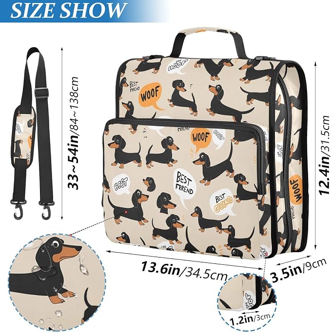 Aslsiy Zipper Binder Bag for Girls Boys Dachshund Cute-2 Kids 1.5 inch 3-Ring Binder Organizer with Shoulder Strap for School Office Supplies